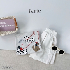 Set bộ tay ngắn raplang cho bé trai áo thun cotton họa tiết Happy Dog và quần short đùi kaki 1 đến 7 tuổi BERNIE H0625B01