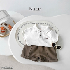 Set bộ polo tay ngắn màu trắng kem họa tiết in túi và chữ kèm quần short nâu cho bé trai 1 đến 7 tuổi BERNIE H0225B25