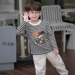 Set bộ tay dài kẻ sọc ngang phối màu họa tiết hình in dễ thương kèm quần dài kaki cho bé trai size 1 đến 7 tuổi BERNIE H0725B54