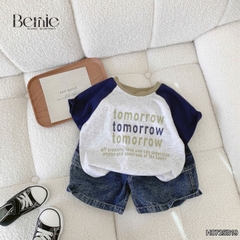Set bộ tay ngắn raplang phối màu áo thun họa tiết Tomorrow và quần short jean bé trai 1 đến 7 tuổi BERNIE H0725B19