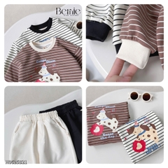 Set bộ nỉ tay dài kẻ sọc ngang phối màu họa tiết hình in cún dễ thương kèm quần dài unisex bé trai bé gái size 1 đến 7 tuổi BERNIE H0625B21