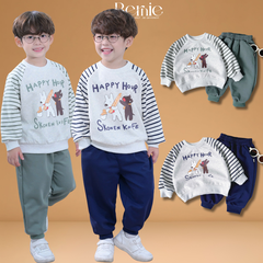 Set bộ nỉ tay dài kẻ sọc ngang phối màu họa tiết hình in cún dễ thương kèm quần dài unisex bé trai bé gái size 1 đến 7 tuổi BERNIE H0625B22