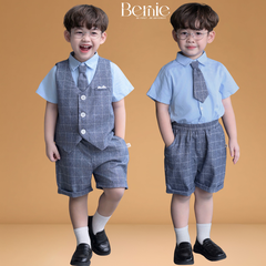 Set bộ vest gile công tử 4CT cho bé trai áo sơ mi tay ngắn phối gile kẻ kèm quần và cà vạt 1 đến 6 tuổi BERNIE T0825B06