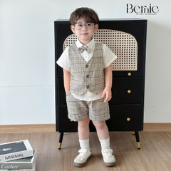 Set bộ quần áo vest set sơ mi ngắn tay công tử bé trai đính nơ rời mặc sinh nhật đi chơi đi tiệc 1 đến 7 tuổi BERNIE