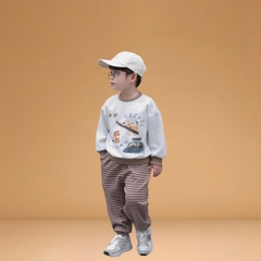 Set bộ nỉ dài tay họa tiết hoạt hình Clever kèm quần dài kẻ ngang cho bé trai size 9 tới 28kg BERNIE H0725B20