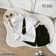 Set bộ đi chơi bé trai BERNIE áo sơ mi trắng cà vạt phối kẻ cho bé từ 9 đến 24kg