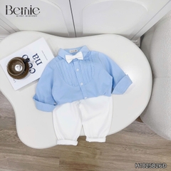Set sơ mi dài tay màu xanh cho bé trai công tử có nơ mặc thôi nôi sinh nhật sự kiện 1 đến 7 tuổi BERNIE H1025B26Đ