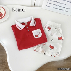 Set bộ Polo Crab màu đỏ cho bé trai áo thun polo tay ngắn và quần short kaki họa tiết size 9 tới 28kg BERNIE H1225B20Đ