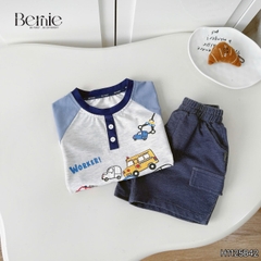 Set bộ cộc tay raplang họa tiết Worker Cars và quần short bé trai đi chơi đi biển 9 tới 25kg BERNIE H1125B42