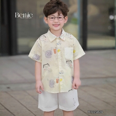 Set bộ sơ mi bé trai đi chơi đi biển áo tay ngắn họa tiết Papa Cat kèm quần short 11 tới 28kg BERNIE H1225B28