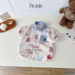 Set bộ đi chơi tay ngắn áo sơ mi họa tiết in tràn Idol cho bé trai kèm quần short denim size 11 đến 28kg BERNIE T1255B13