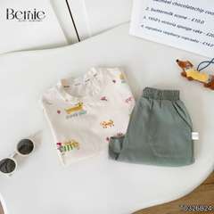 Set bộ tay ngắn cotton cho bé trai họa tiết in trần Puppy Good day kèm quần short size 9 tới 25kg BERNIE T0326B24