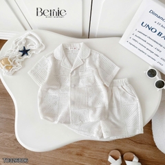 Set bộ sơ mi ren mây trắng tay ngắn cho bé trai đi chơi đi biển size 9 tới 27kg BERNIE H0226A05