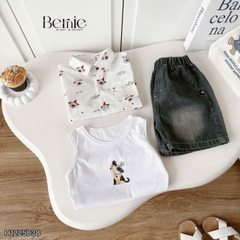  Set sơ mi 3 chi tiết áo tay ngắn họa tiết in tràn Cún áo ba lỗ kèm quần short kaki cho bé trai 9 tới 28kg BERNIE H1225B38