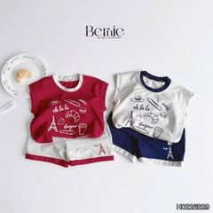 Set bộ cho bé trai áo tanktop họa tiết Bonjour phối màu kèm quần short size 9 tới 28kg BERNIE H0226B29