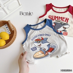 Set bộ ba lỗ áo thun phối màu họa tiết Baby Shark kèm quần short cho bé trai đi chơi đi biển size 1 tới 7 tuổi BERNIE H0326B34