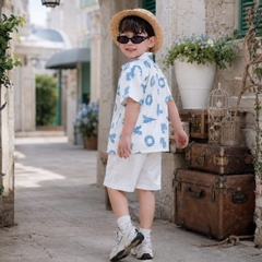 Set bộ sơ mi tay ngắn cho bé trai họa tiết cá sấu vui nhộn kèm quần short kaki size 11kg tới 28kg BERNIE H0226B01