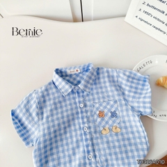Áo sơ mi caro xannh ngắn tay kèm áo ba lỗ ô tô cho bé trai đi chơi đi biển mặc nhà size 9 tới 27kg BERNIE T0326A01Đ