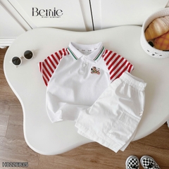 Set polo thêu ngựa áo tay ngắn raplang kẻ sọc kèm quần short kaki cho bé trai size 11 đến 28kg BERNIE H0226B35