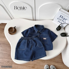 Set bộ sơ mi denim cho bé trai áo sơ mi phối túi kèm quần short size 9 đến 28kg BERNIE T0126B13Đ