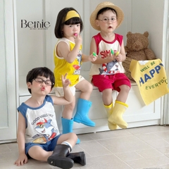 Set bộ ba lỗ áo thun phối màu họa tiết Baby Shark kèm quần short cho bé trai đi chơi đi biển size 1 tới 7 tuổi BERNIE H0326B34