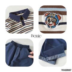 Set bộ dài tay cho bé trai áo polo họa tiết kẻ thêu Dog phối quần dài suông denim size 11 tới 28kg BERNIE V0426B37
