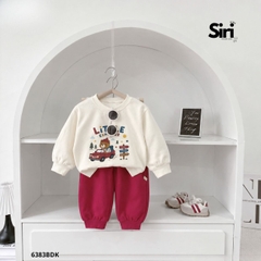 Set bộ dài tay chất thun cotton áo be họa tiết Little Explorer kèm quần dài đỏ size 10 tới 27kg BERNIE SIRI 6383BDK