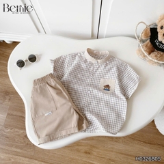 Set bộ sơ mi nâu gấu Lucky áo cổ trụ tay ngắn caro kèm quần short cho bé trai từ 11 đến 28kg BERNIE H0326B05