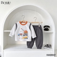 Set bộ dài tay cố áo và tay phối màu chất cotton họa tiết xe cẩu kèm quần dài size 9 tới 25kg BERNIE H1025B47