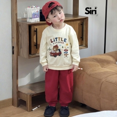 Set bộ dài tay chất thun cotton áo be họa tiết Little Explorer kèm quần dài đỏ size 10 tới 27kg BERNIE SIRI 6383BDK