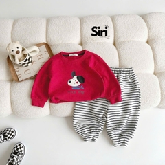 Set bộ dài tay thu đông thun cotton áo đỏ họa tiết cún nhỏ ấm áp kèm quần dài kẻ sọc size 9 tới 26kg BERNIE SIRI 6382BDK