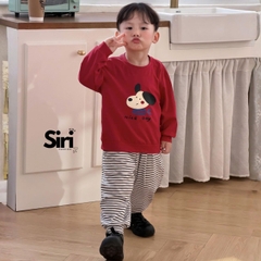 Set bộ dài tay thu đông thun cotton áo đỏ họa tiết cún nhỏ ấm áp kèm quần dài kẻ sọc size 9 tới 26kg BERNIE SIRI 6382BDK