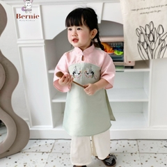 Áo dài cách tân bé gái chất Tafta lụa BERNIE màu xanh hồng bé mặc Tết đi tiệc đi chơi đi học