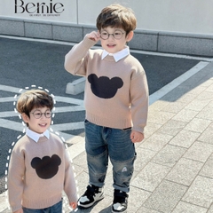 Áo len dài tay thêu phối màu hình mặt gấu dễ thương cho bé trai bé gái 1 đến 7 tuổi BERNIE 24A034