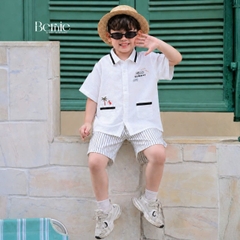 Set bộ sơ mi tay ngắn cho bé trai phối màu họa tiết Summer kèm quần short size 9 đến 25kg BERNIE H1225B15Đ