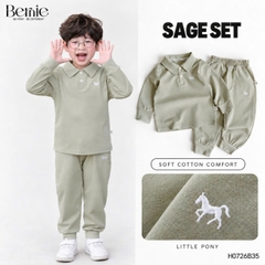 Set bộ dài chất thun cotton áo polo thêu ngựa kèm quần dài cho bé trai size 9 tới 25kg BERNIE H0726B35