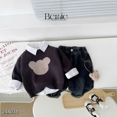 Áo len dài tay thêu phối màu hình mặt gấu dễ thương cho bé trai bé gái 1 đến 7 tuổi BERNIE 24A034