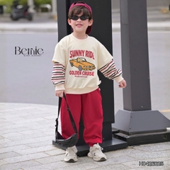 Set bộ dài cho bé trai áo thun tay phối kẻ sọc Sunny Ride kèm quần dài size 9 tới 25kg BERNIE H0426B25