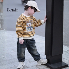 Set bộ dài thu đông áo dài tay kẻ họa tiết Fun Day kèm quần jean dài size 9 tới 28kg BERNIE H0426B26