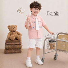 Set sơ mi 3CT Little Charm cho bé trai áo sơ mi và quần short kèm cà vạt rời size 9 tới 28kg BERNIE T0326B31