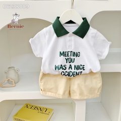 Set đồ bộ thun ngắn tay bé trai polo hàn quốc gồm áo phông màu trắng Meeting you quần thô mềm 1 đến 7 tuổi BERNIE