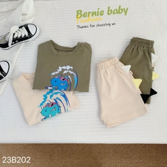Set đồ bộ ngắn tay khủng long cho bé trai BERNIE thun cotton màu trơn basic 9 đến 25kg Vải Cotton Heo