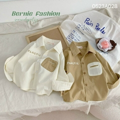 Áo sơ mi ngắn tay bé trai đáp túi chữ Plastic vintage chất thô đũi mềm cho bé 1 đến 7 tuổi BERNIE