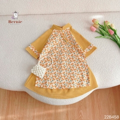 Áo dài tết cách tân bé gái nhung tăm hoa nhí BERNIE màu hồng vàng bé 8 đến 23 kg