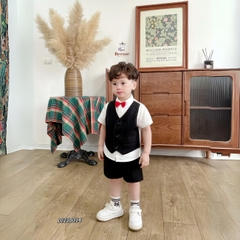 Bộ quần áo vest set sơ mi công tử bé trai đính nơ rời kèm quần short ngắn mặc sinh nhật đi chơi đi tiệc 1 đến 7 tuổi BERNIE