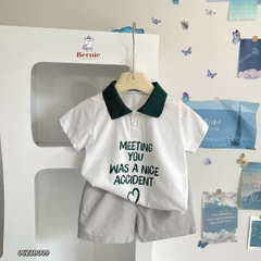 Set đồ bộ thun ngắn tay bé trai polo hàn quốc gồm áo phông màu trắng Meeting you quần thô mềm 1 đến 7 tuổi BERNIE
