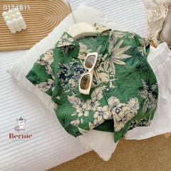 Set sơ mi tơ đũi cho bé trai đi biển đi chơi áo họa tiết hoa lá cây dừa nổi bật kèm quần ngắn BERNIE