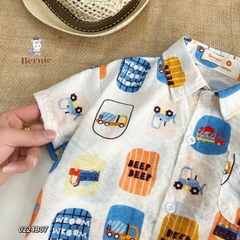 Set sơ mi tơ đũi cho bé trai đi biển đi chơi áo họa tiết hoa lá cây dừa nổi bật kèm quần BERNIE