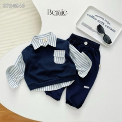 Set gilê kẻ 3 chi tiết áo sơ mi dài tay áo gi lê quần kaki cho né trai 1 đến 7 tuổi BERNIE 0724B40