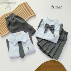 Set bộ sơ mi đồng phục học sinh ngắn cho bé trai bé gái áo sơ mi kèm nơ  cà vạt 1 đến 7 tuổi BERNIE 0724B42